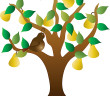 Color illustration of a stylized tree with yellow pears and green leaves and a brown partridge perched on a limb.