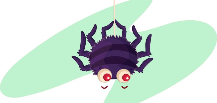 Cartoon of a round spider dangling from the end of its silk line.