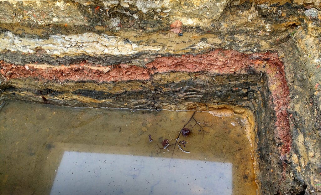 A freshly dug hole shows distinct layers of soil with varying colors. Water is standing in the bottom of the hole.